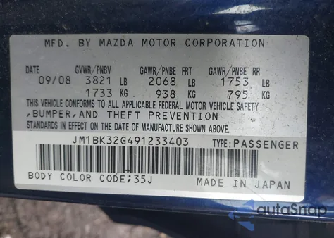 2009 Mazda Mazda3 I из США, поврежденный, VIN JM1BK32G491233403